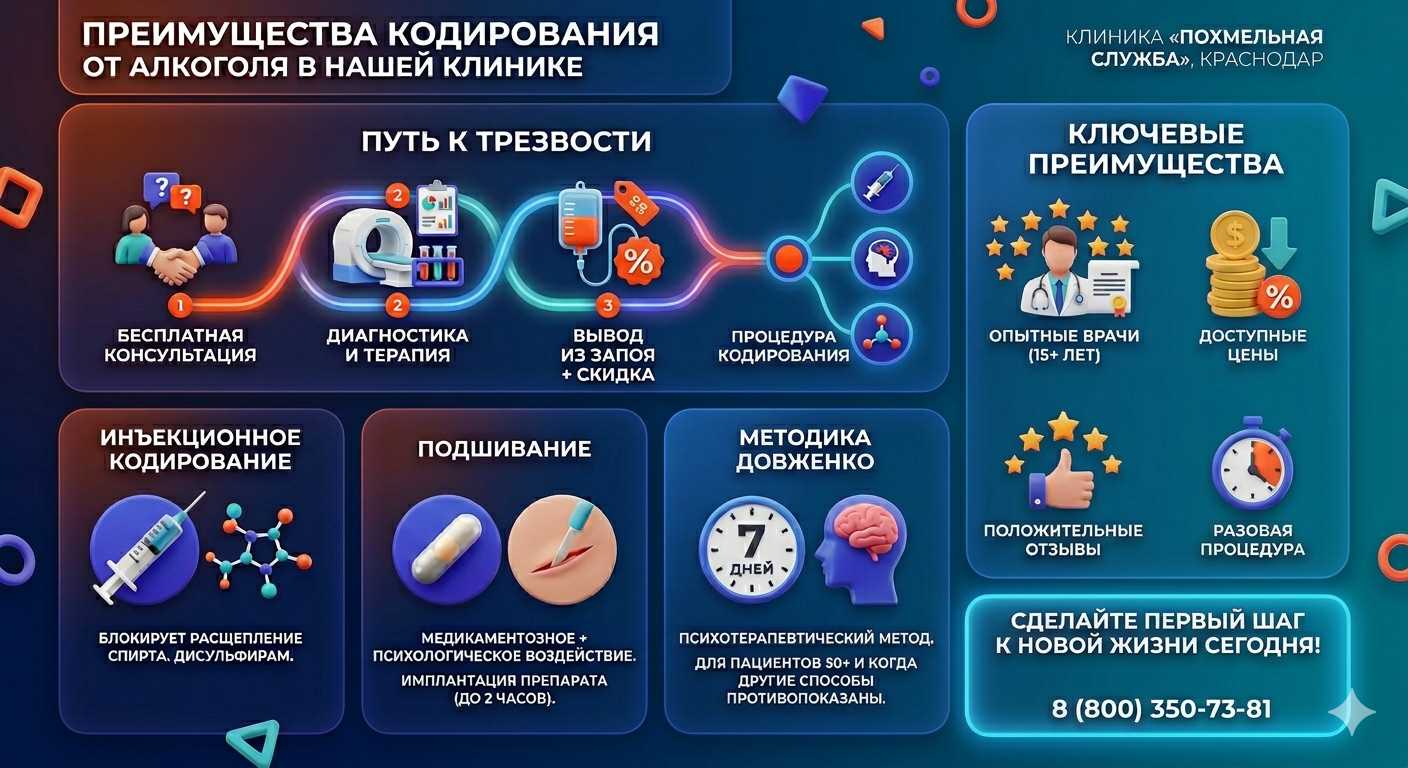 Инфографика о методах кодирования от алкоголя в Богучанах: инъекции, подшивание, метод Довженко. Преимущества клиники и этапы лечения.